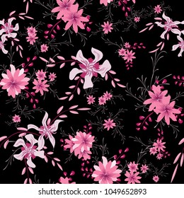Little Flowers. Seamless Pattern with Cute Daisy Flowers and Pansies. Pretty Texture in Liberty Style for Fabric, Calico, Paper. Vector Spring Rapport.
