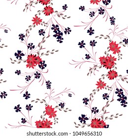 Little Flowers. Seamless Pattern with Cute Daisy Flowers and Pansies. Feminine Texture in Country Style for Linen, Textile, Wallpaper. Vector Spring Rapport.