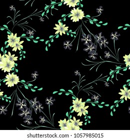 Little Flowers. Seamless Pattern with Cute Daisy Flowers and Pansies. Pretty Texture in Rustic Style for Linen, Textile, Chintz. Vector Spring Rapport.