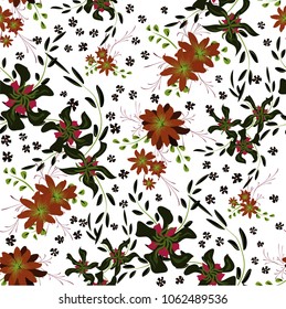 Little Flowers. Seamless Pattern with Cute Daisy Flowers and Pansies. Trendy Texture in Rustic Style for Linen, Textile, Wallpaper. Vector Spring Rapport.