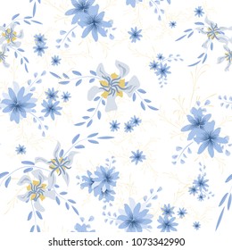 Little Flowers. Seamless Pattern with Cute Daisy Flowers and Pansies. Feminine Texture in Liberty Style for Fabric, Calico, Chintz. Vector Spring Rapport.