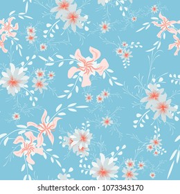 Little Flowers. Seamless Pattern with Cute Daisy Flowers and Pansies. Delicate Texture in Country Style for Linen, Textile, Wallpaper. Vector Spring Rapport.