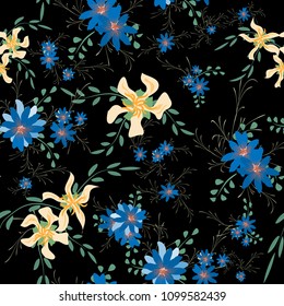 Little Flowers. Seamless Pattern with Cute Daisy Flowers and Pansies. Trendy Texture in Rustic Style for Curtains, Calico, Textile. Vector Spring Rapport.