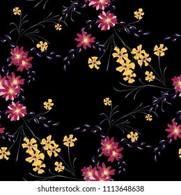 Little Flowers. Seamless Pattern with Cute Daisy Flowers and Pansies. Feminine Texture in Rustic Style for Fabric, Calico, Paper. Vector Spring Rapport.