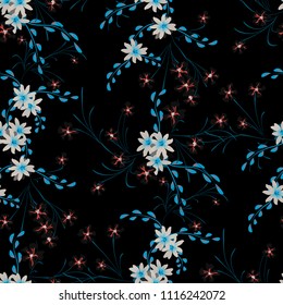 Little Flowers. Seamless Pattern with Cute Daisy Flowers and Pansies. Girlie Texture in Country Style for Curtains, Print, Textile. Vector Spring Rapport.