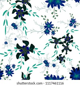 Little Flowers. Seamless Pattern with Cute Daisy Flowers and Pansies. Delicate Texture in Rustic Style for Curtains, Print, Textile. Vector Spring Rapport.
