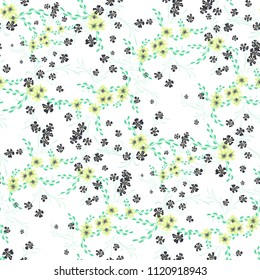 Little Flowers. Seamless Pattern with Cute Daisy Flowers and Pansies. Delicate Texture in Rustic Style for Linen, Textile, Chintz. Vector Spring Rapport.