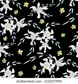 Little Flowers. Seamless Pattern with Cute Daisy Flowers and Pansies. Feminine Texture in Rustic Style for Linen, Textile, Wallpaper. Vector Spring Rapport.