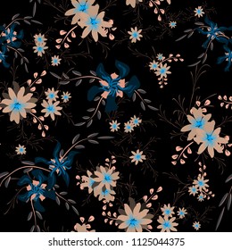 Little Flowers. Seamless Pattern with Cute Daisy Flowers and Pansies. Delicate Texture in Liberty Style for Linen, Textile, Chintz. Vector Spring Rapport.