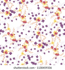 Little Flowers. Seamless Pattern with Cute Daisy Flowers and Pansies. Pretty Texture in Country Style for Curtains, Calico, Paper. Vector Spring Rapport.