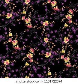 Little Flowers. Seamless Pattern with Cute Daisy Flowers and Pansies. Pretty Texture in Country Style for Linen, Calico, Chintz. Vector Spring Rapport.