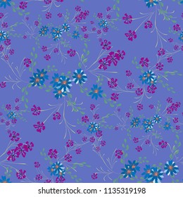Little Flowers. Seamless Pattern with Cute Daisy Flowers and Pansies. Trendy Texture in Liberty Style for Curtains, Calico, Paper. Vector Spring Rapport.