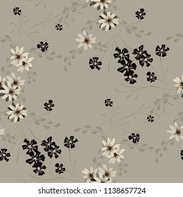 Little Flowers. Seamless Pattern with Cute Daisy Flowers and Pansies. Pretty Texture in Country Style for Linen, Calico, Chintz. Vector Spring Rapport.