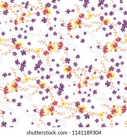 Little Flowers. Seamless Pattern with Cute Daisy Flowers and Pansies. Feminine Texture in Country Style for Fabric, Print, Textile. Vector Spring Rapport.
