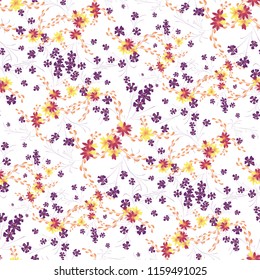 Little Flowers. Seamless Pattern with Cute Daisy Flowers and Pansies. Trendy Texture in Country Style for Fabric, Print, Textile. Vector Spring Rapport.