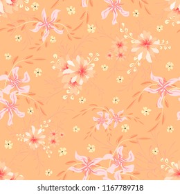 Little Flowers. Seamless Pattern with Cute Daisy Flowers and Pansies. Feminine Texture in Rustic Style for Curtains, Print, Textile. Vector Spring Rapport.