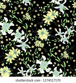 Little Flowers. Seamless Pattern with Cute Daisy Flowers and Pansies. Girlie Texture in Liberty Style for Fabric, Print, Textile. Vector Spring Rapport.