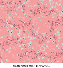 Little Flowers. Seamless Pattern with Cute Daisy Flowers and Pansies. Girlie Texture in Country Style for Fabric, Calico, Chintz. Vector Spring Rapport.