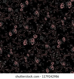 Little Flowers. Seamless Pattern with Cute Daisy Flowers and Pansies. Girlie Texture in Rustic Style for Fabric, Calico, Chintz. Vector Spring Rapport.