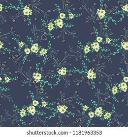 Little Flowers. Seamless Pattern with Cute Daisy Flowers and Pansies. Pretty Texture in Liberty Style for Curtains, Calico, Paper. Vector Spring Rapport.