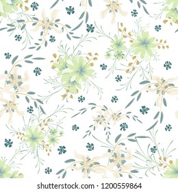 Little Flowers. Seamless Pattern with Cute Daisy Flowers and Pansies. Girlie Texture in Country Style for Cloth, Textile, Wallpaper. Vector Spring Rapport.