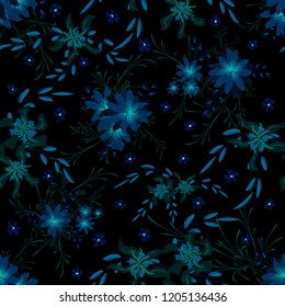 Little Flowers. Seamless Pattern with Cute Daisy Flowers and Pansies. Trendy Texture in Liberty Style for Linen, Textile, Wallpaper. Vector Spring Rapport.