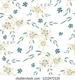 Little Flowers. Seamless Pattern with Cute Daisy Flowers and Pansies. Pretty Texture in Liberty Style for Curtains, Calico, Textile. Vector Spring Rapport.