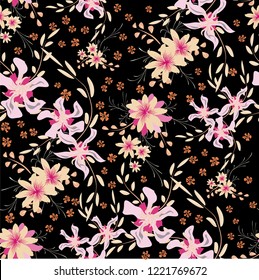 Little Flowers. Seamless Pattern with Cute Daisy Flowers and Pansies. Feminine Texture in Liberty Style for Fabric, Print, Textile. Vector Spring Rapport.