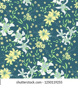 Little Flowers. Seamless Pattern with Cute Daisy Flowers and Pansies. Pretty Texture in Liberty Style for Cloth, Textile, Wallpaper. Vector Spring Rapport.