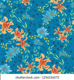 Little Flowers. Seamless Pattern with Cute Daisy Flowers and Pansies. Trendy Texture in Rustic Style for Curtains, Calico, Textile. Vector Spring Rapport.