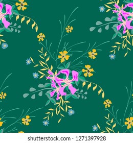 Little Flowers. Seamless Pattern with Cute Wildflowers. Girlie Natural Background in Rustic Style with Small Blossoms of Daisy Flowers. Vector Ditsy Pattern for Textile, Chintz. Floral Texture