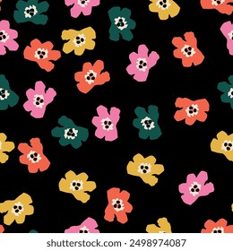 Little Flowers. Seamless Pattern with Cute Daisy Flowers and Pansies. Girlie Texture in Liberty Style for Fabric, Calico, Chintz. Vector Spring Rapport.