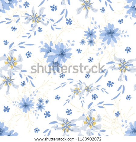 Little Flowers. Seamless Pattern with Cute Daisy Flowers and Pansies. Delicate Texture in Liberty Style for Linen, Textile, Wallpaper. Vector Spring Rapport.