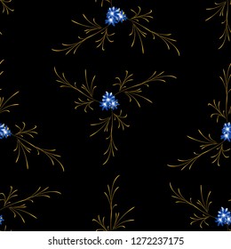 Little Flowers. Seamless Pattern with Gentle Daisy Flowers. Feminine Rapport for Linen, Textile, Fabric in Trendy Liberty Style. Colorful Seamless Pattern with Tiny Flowers. Vector Background.