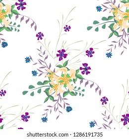 Little Flowers. Seamless Pattern with Gentle Wildflowers. Girlie Natural Background in Rustic Style with Small Blossoms of Daisy Flowers. Vector Ditsy Pattern for Fabric, Print. Floral Texture