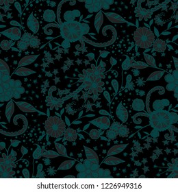 Little Flowers. Seamless Pattern in Liberty Style. Summer Floral Texture with Hand Drawn Doodle Blossoms, Leaves and Buds. Small Natural Rapport for Dress, Print, Cotton. Vector Zentangle.