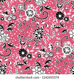 Little Flowers. Seamless Pattern in Liberty Style. Spring Floral Texture with Hand Drawn Doodle Blossoms, Leaves and Buds. Small Natural Rapport for Fabric, Cloth, Textile. Vector Zentangle.