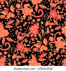 Little Flowers. Seamless Pattern in Liberty Style. Summer Floral Texture with Hand Drawn Doodle Blossoms, Leaves and Buds. Small Natural Rapport for Chintz, Cotton, Calico. Vector Zentangle.