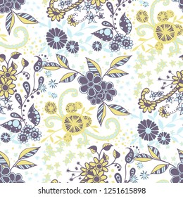 Little Flowers. Seamless Pattern in Liberty Style. Spring Floral Texture with Hand Drawn Doodle Blossoms, Leaves and Buds. Small Natural Rapport for Fabric, Cloth, Paper. Vector Zentangle.