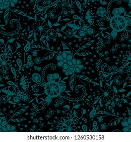 Little Flowers. Seamless Pattern in Liberty Style. Spring Floral Texture with Hand Drawn Doodle Blossoms, Leaves and Buds. Small Natural Rapport for Dress, Print, Paper. Vector Zentangle.