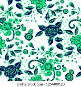 Little Flowers. Seamless Pattern in Liberty Style. Autumn Floral Texture with Hand Drawn Doodle Blossoms, Leaves and Buds. Small Natural Rapport for Fabric, Linen, Textile. Vector.