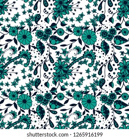 Little Flowers. Seamless Pattern in Liberty Style. Spring Floral Texture with Hand Drawn Doodle Blossoms, Leaves and Buds. Small Natural Rapport for Fabric, Cloth, Paper. Vector Zentangle.