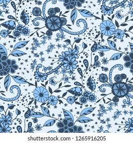 Little Flowers. Seamless Pattern in Liberty Style. Autumn Floral Texture with Hand Drawn Doodle Blossoms, Leaves and Buds. Small Natural Rapport for Print, Cotton, Calico. Vector Zentangle.