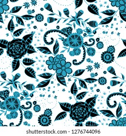 Little Flowers. Seamless Pattern in Liberty Style. Spring Floral Texture with Hand Drawn Doodle Blossoms, Leaves and Buds. Small Natural Rapport for Dress, Print, Cotton. Vector.