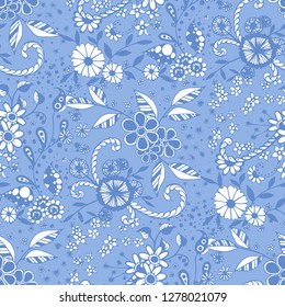 Little Flowers. Seamless Pattern in Liberty Style. Autumn Floral Texture with Hand Drawn Doodle Blossoms, Leaves and Buds. Small Natural Rapport for Chintz, Linen, Textile. Vector Zentangle.