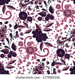 Little Flowers. Seamless Pattern in Liberty Style. Spring Floral Texture with Hand Drawn Doodle Blossoms, Leaves and Buds. Small Natural Rapport for Dress, Print, Paper. Vector Zentangle.