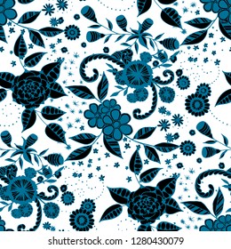 Little Flowers. Seamless Pattern in Liberty Style. Spring Floral Texture with Hand Drawn Doodle Blossoms, Leaves and Buds. Small Natural Rapport for Dress, Cloth, Paper. Vector.