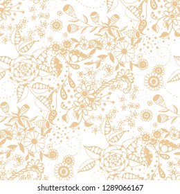 Little Flowers. Seamless Pattern in Liberty Style. Summer Floral Texture with Hand Drawn Doodle Blossoms, Leaves and Buds. Small Natural Rapport for Chintz, Linen, Textile. Vector.