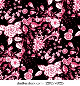 Little Flowers. Seamless Pattern in Liberty Style. Summer Floral Texture with Hand Drawn Doodle Blossoms, Leaves and Buds. Small Natural Rapport for Fabric, Cloth, Textile. Vector.