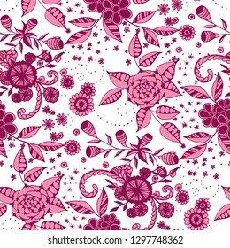 Little Flowers. Seamless Pattern in Liberty Style. Autumn Floral Texture with Hand Drawn Doodle Blossoms, Leaves and Buds. Small Natural Rapport for Chintz, Linen, Textile. Vector.